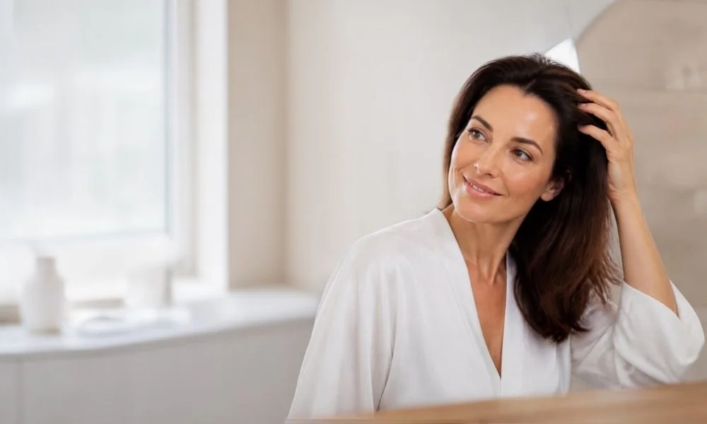 Woman checking hair in mirror after Ozempic hair loss