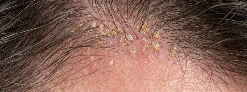 Seborrhoeic dermatitis on the scalp showing yellow flakes and redness near the hairline